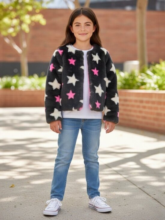 Cat & Jack Other - Cat & Jack Girls' Faux Fur Jacket with Stars Grey Pink White Medium 7/8 NWOT
